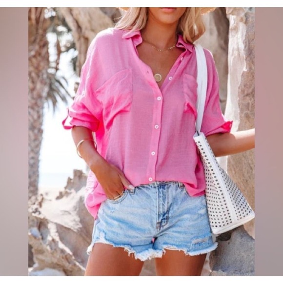 Flawless Womens Lightweight Gauzey Button‎ Down Blouse Size Small Barbie Pink - Picture 1 of 7